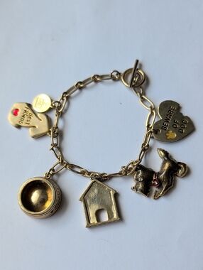 Gold-Tone Dog Charm Bracelet with Heart Tags